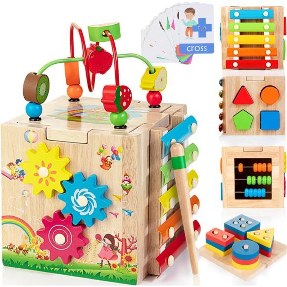 Wooden Activity Cube, 8-in-1 Wooden Montessori Learning Toys for 18 M+ Toddlers